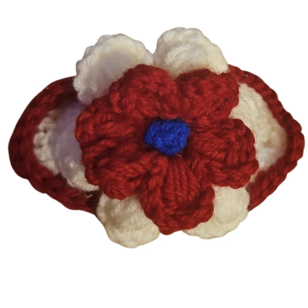 Handmade Red and White Crochet Flower Hair Accessory Hand Crafted 3-D Floral 6